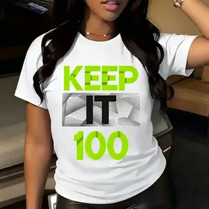 Womens Cotton Graphic Tee Keep It 100 Slogan Print Short Sleeve Crewneck T Shirt Soft Breathable Casual Streetwear Top For Summer Outfits