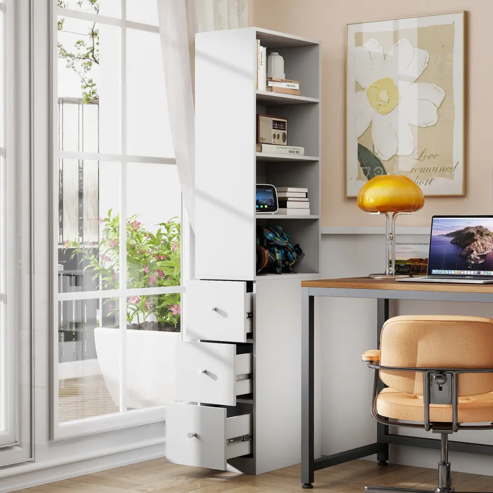 Littleox 70.87" H Display Storage  Cabinet , 4-Tier Shelf, 3 Side Drawers , Modern Wooden Tall Bookshelf Bookcase for Living Room Home Office