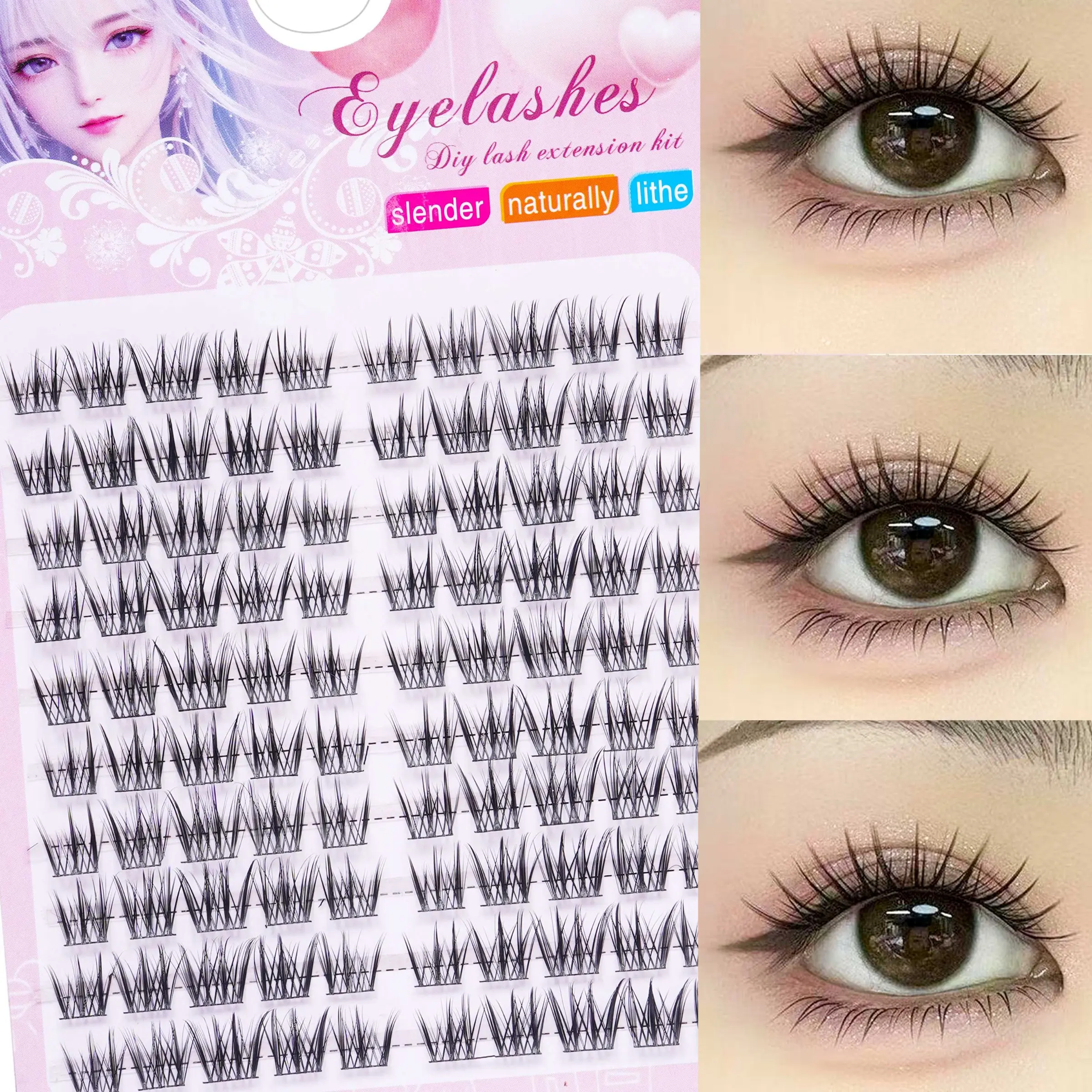 100 pieces Fish Tail False Eyelashes, D Curl, Cross Lightweight, Natural Look, Mixed Length, Professional DIY Lash Extensions for Beginners