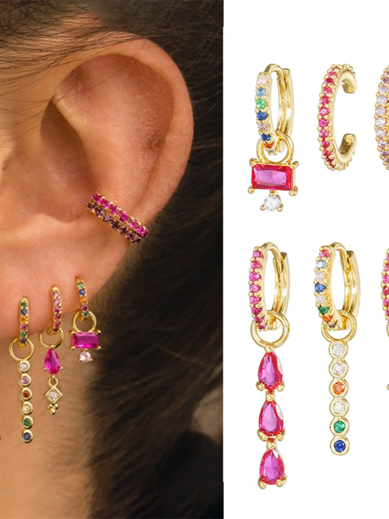 7pcs/set Luxury Fushia Zirconia Decoration Drop Earrings Set, Elegant Rhinestone Earring Design, Exquisite Trendy Earrings, High Quality Copper Made , Daily Wear & Party Stylish Accessories, Perfect Gift Idea