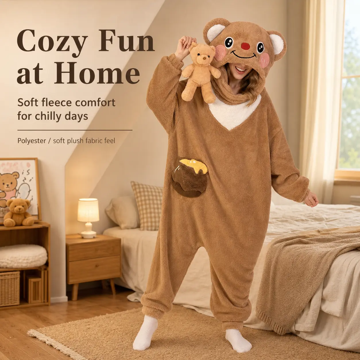 Adult Honey Bear Onesie Pajamas Thick Fluffy Sherpa Cartoon Bear Kigurumi Hooded Jumpsuit Unisex Animal Cosplay Costume Halloween Loungewear For Men Women