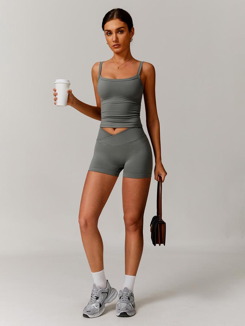 Women's Solid Top & Shorts Sportswear Set, Casual Comfy Breathable Two-piece Outfits for Yoga Gym Workout Running, Ladies Sportswear for Spring & Fall