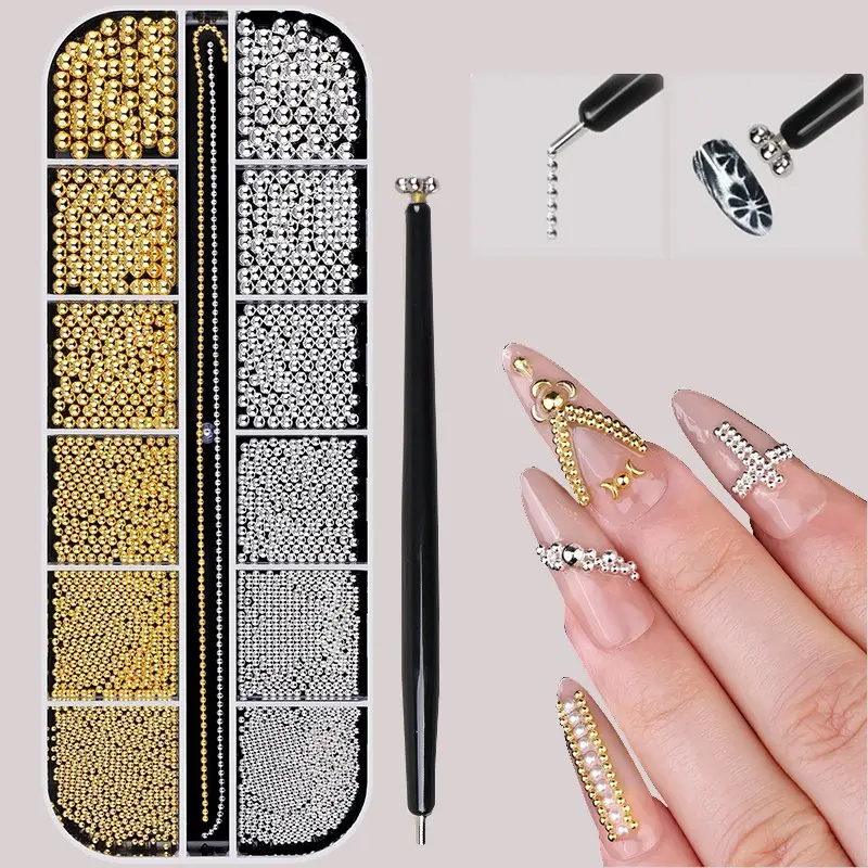 Mini Nail Art Beads 0.8-3mm, Metal Caviar Beads, Rhinestones, DIY Nail Accessories, Nail Art Supply, Convenient Magnetic Pen Included
