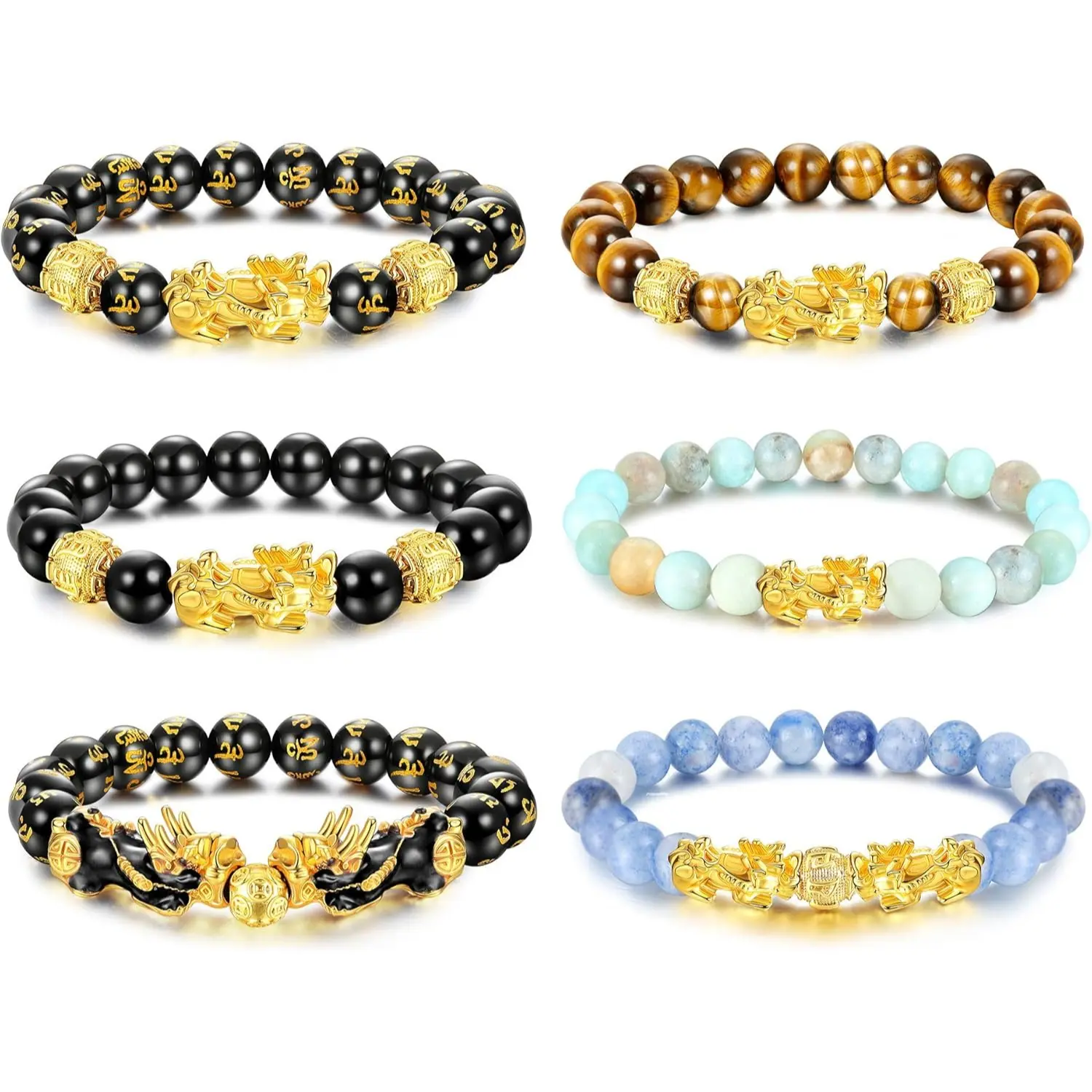 FUNRUN 6Pcs Feng Shui Pixiu Beaded Bracelets Jewelry Set • Natural Tiger Eye & Black Obsidian Wealth Stones • Adjustable Spiritual Energy Charm Mix for Men & Women