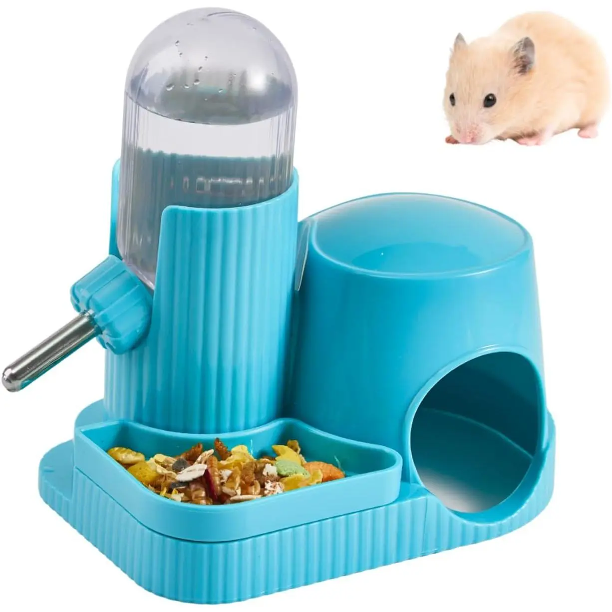 3 in 1 Hamster Water Bottle No Drip Automatic Leakproof Dispenser with  Container and Hideout Base for Gerbil Rat  Hamster  (Blue, 3.4oz)