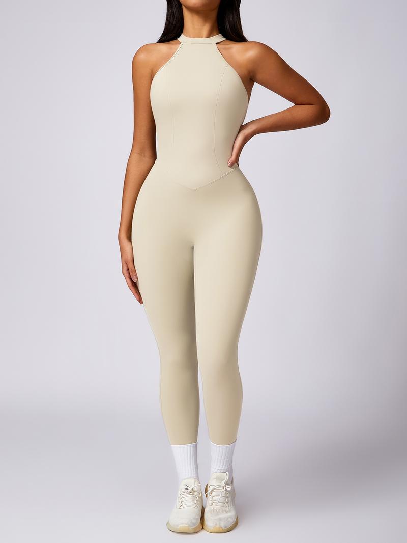 Women's Solid Ruched Cut Out Backless Halter Sports Jumpsuit, High Stretch Seamless Quick Drying Breathable Comfortable Sports Jumpsuit for Yoga Gym Workout, Ladies Sportswear for All Seasons, Workout Gym Clothing