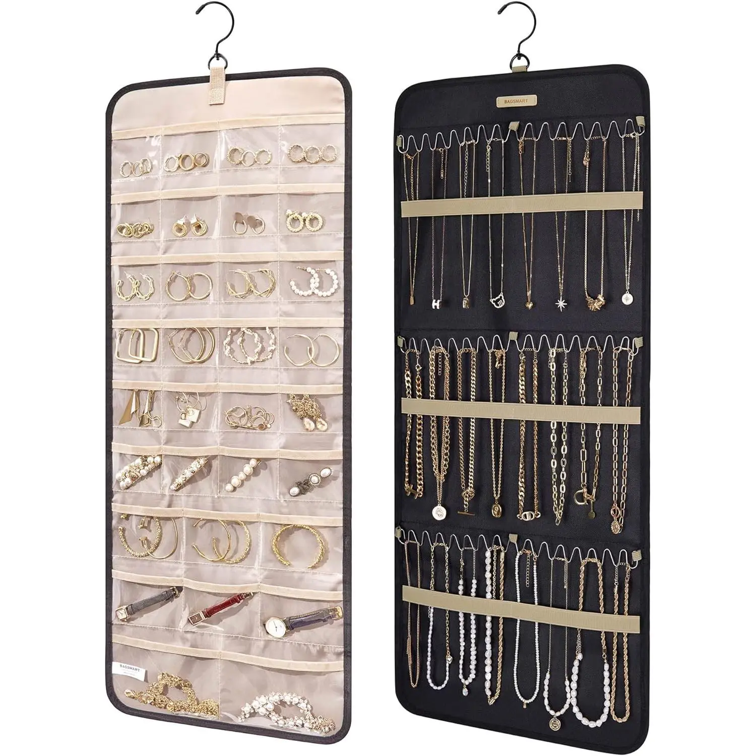 Large Black Hanging Leather Jewelry Organizer Roll with Hanger, Metal Hooks, Double-Sided Holder & Transparent Pouch – 1 Piece for Closet, Wall Storage