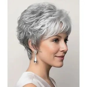 Short Grey Wigs for White Women Pixie Cut Gray Wigs with Bangs Natural Curly Synthetic Hair Short Mixed White Wig for Older Women