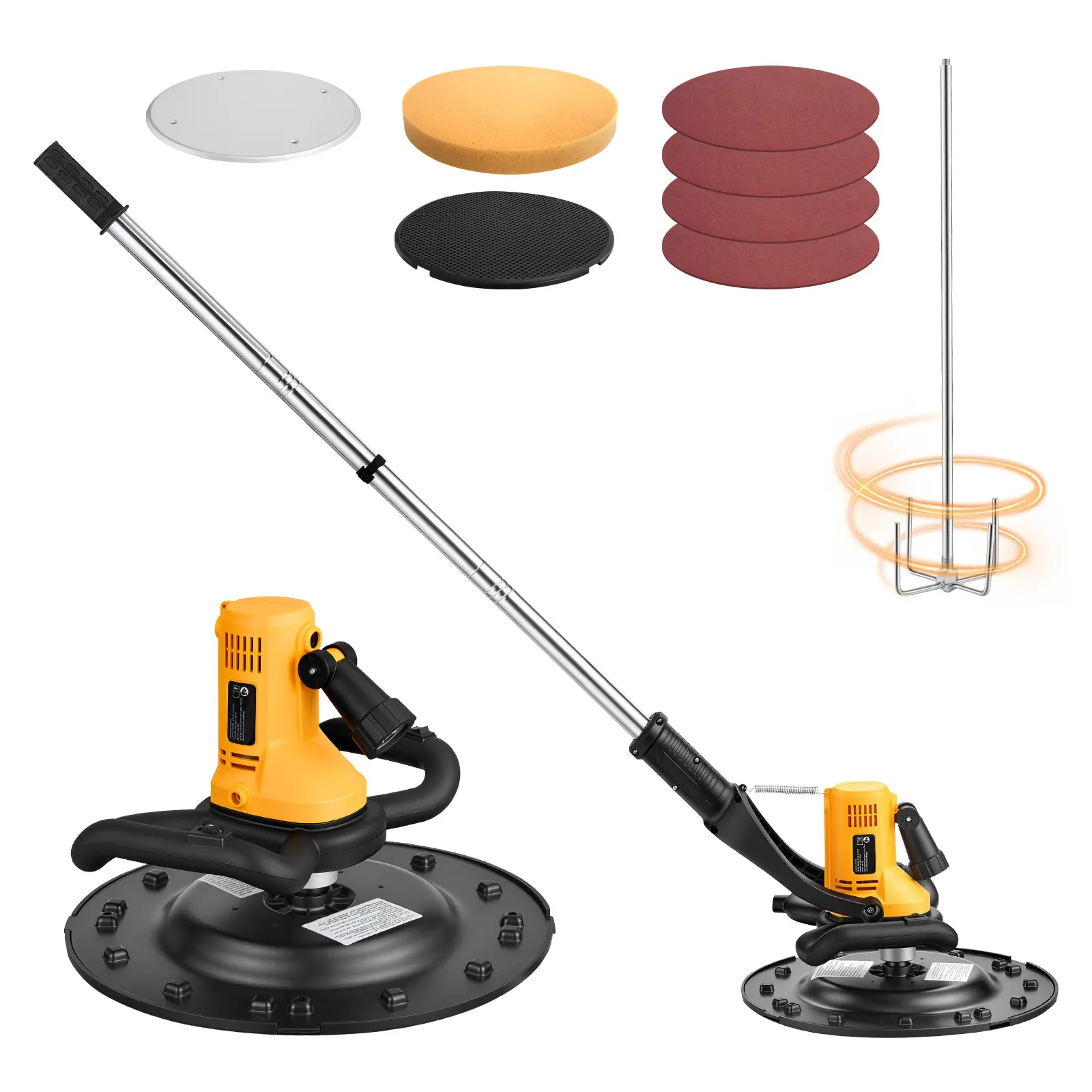 Electric Power Trowel, 800W Concrete Finishing Machine Corded with Mixing Rod, 6-Speed Adjustable 120–200 RPM, Steel & Plastic Trowel Discs, Extension Handle, Floor Smoothing Cement Finisher