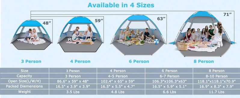 Beach Tent Sun Shelter For 3/4-5/6-7/8-10 Person, UPF 50+ UV Protection Beach Canopy, Lightweight And Easy Setup Cabana, Portable Beach Shade Tent