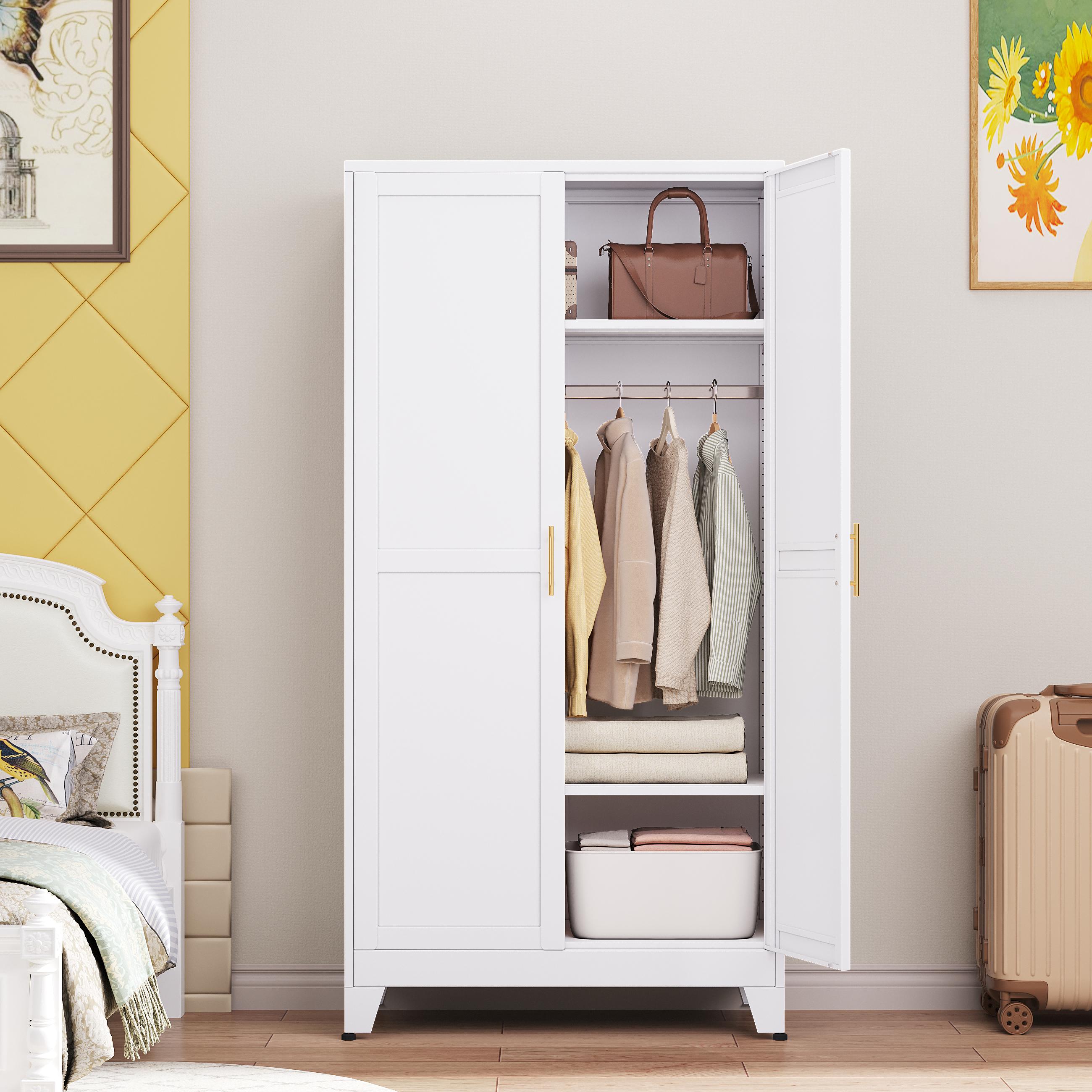 Metal Wardrobe Cabinet with Hanging Rod, 71" Metal Clothing Storage Cabinets with 2 Doors and Adjustable Shelves, White Armoire Wardrobe Closet for Bedroom, Laundry Room, Cloak Room mothersdaygift