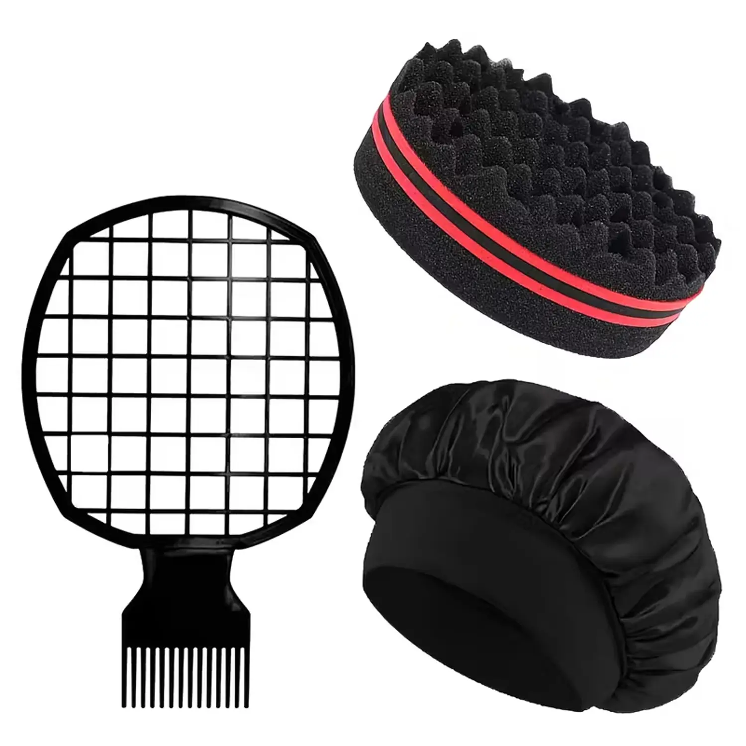 3pcs African American hair styling set, curling sponge brush, African style mesh comb, and satin sleep cap, perfect for home and hair salon use