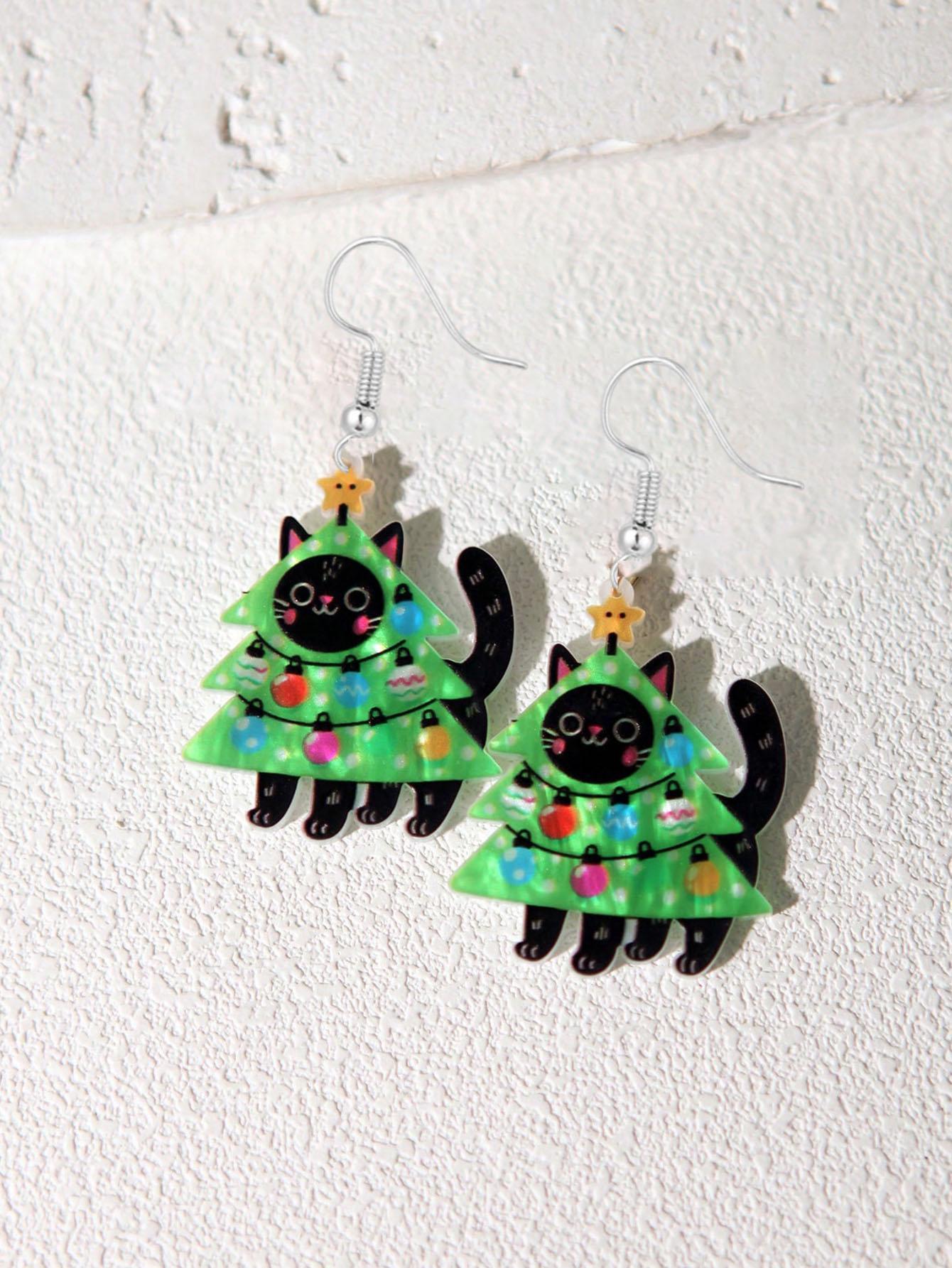 Black Cat Fun and Cute Christmas Earrings - Personalized Acrylic Earrings, Christmas Tree, Black Cat, Gingerbread Man Design Pen