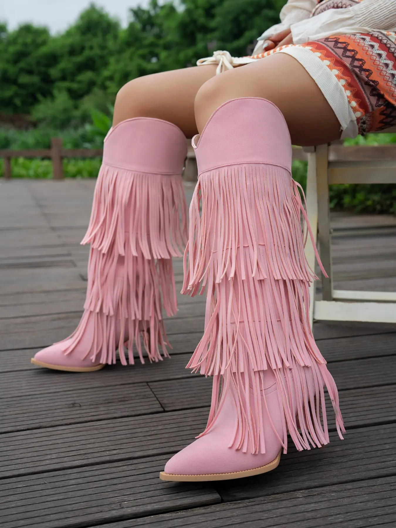 Layered Fringe Western High Heeled Boots, Pointed Toe, Faux Fur Material, V-Shape Boot Opening, Side Zip Design, Women's Festival Party Shoes