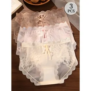 3pcs Sexy Lace Patchwork French-Style Pure Desire Women's Panties, Elegant, Comfortable, Breathable, and Lightweight Underwear, Elegant Bow Panties, Thin Mesh Alluring Panties, Suitable for All Seasons, Daily Wear and Date Underwear