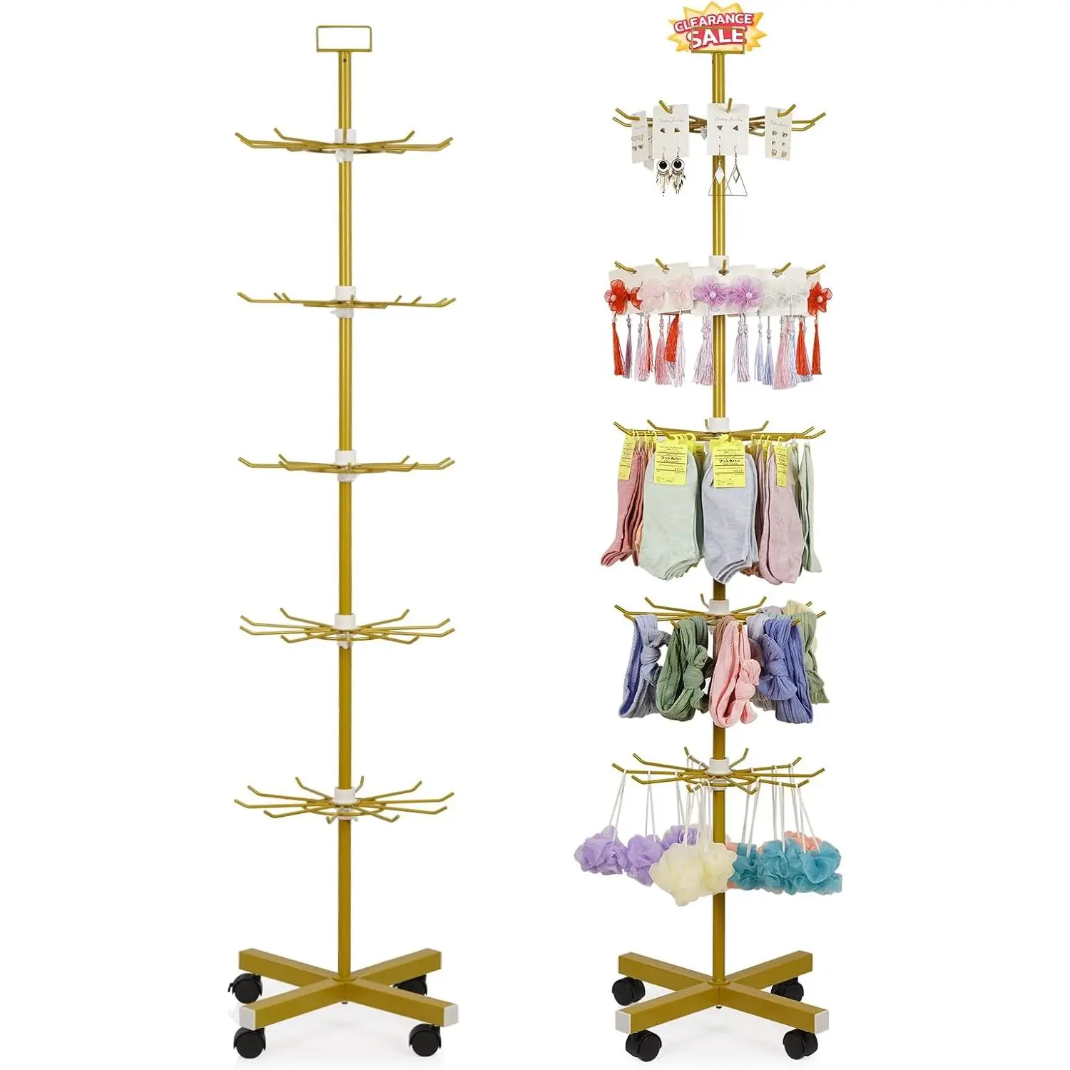 5 Tier Retail Display Stand Store Display Rack,  | Metal Spinning Display Stand Rack with Wheels   Stocking Hat Display Stand with Hooks for Malls, Retail Store