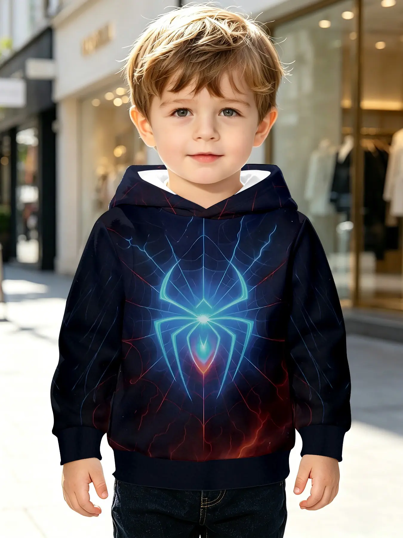 Children Spider-Man Hooded Sweatshirt, Boys Fall Winter Casual Long Sleeve Pullover, Asymmetrical All over Print, Loose Fit