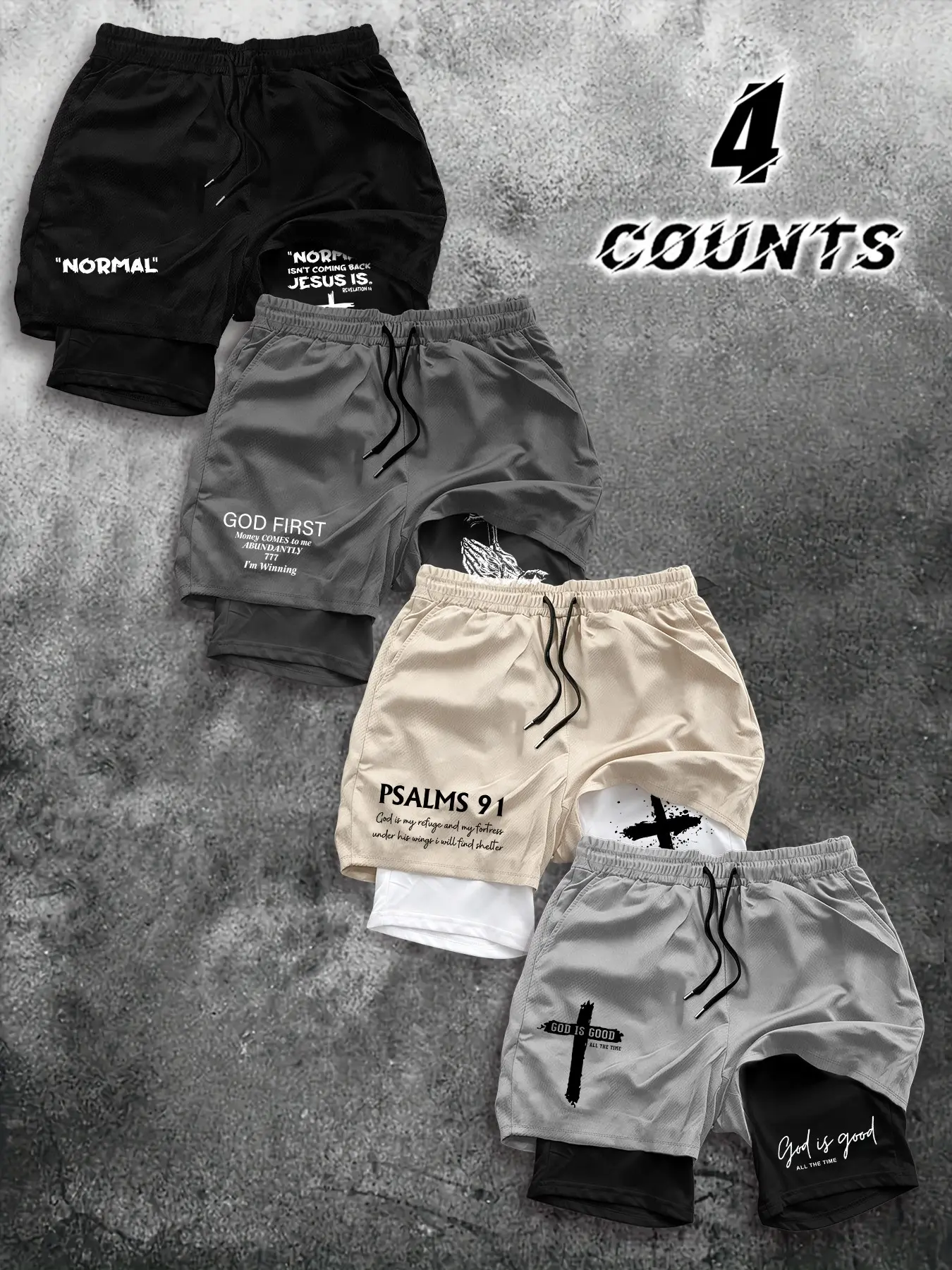 Summer Trend Cross Faith Fake Two-Piece Sport Shorts, Street Gothic Design, 4 Pcs Set, Multiple Styles and Colors, Casual Summer, Cool Sports Shorts, Casual Athletic Shorts