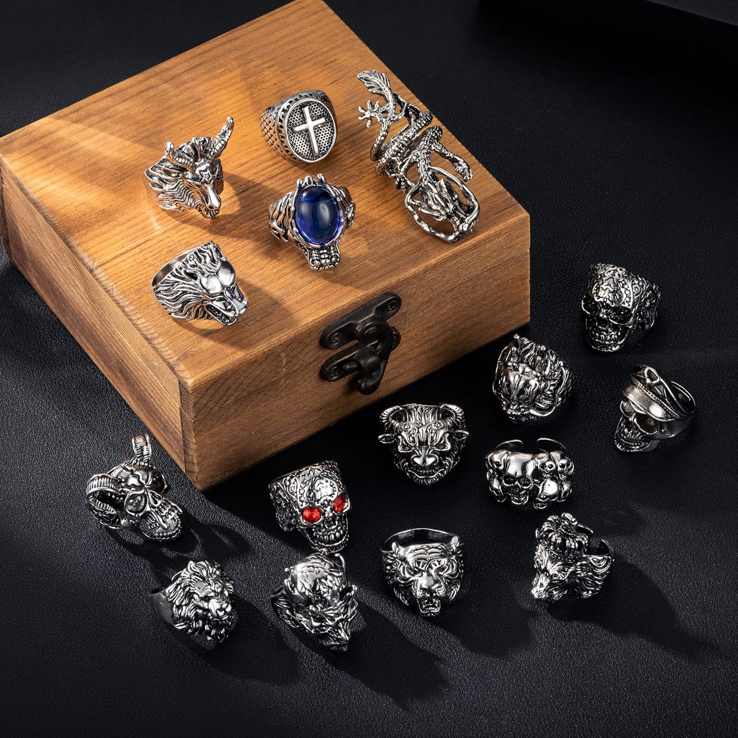 16-24 Pcs Vintage Punk Rings Set Gothic Biker Adjustable Rings Skeleton Skull Ring Feather Snake Drgon Lion Wolf Tiger Head Ring