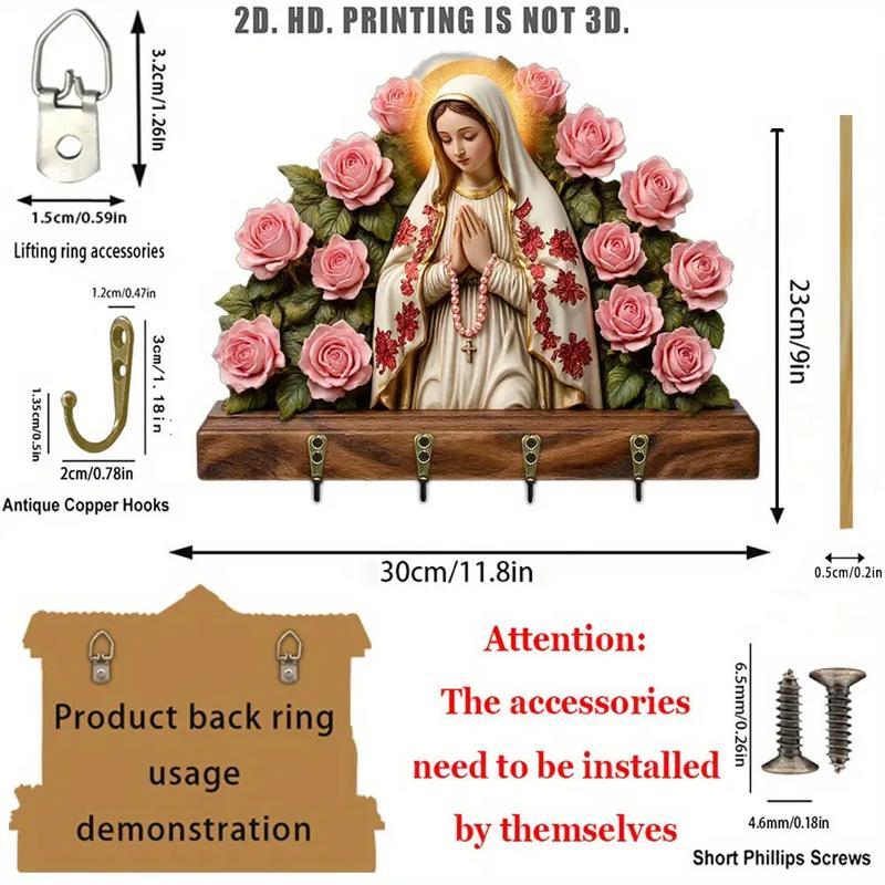 Wall Key Holder with Hooks – Wooden Virgin Mary & Baby Jesus Rose Design, Decorative Wall-Mounted Key Rack with 4 Hooks, Vintage Religious Home Decor for Entryway, Hallway & Living Room Wall Key Holder with Hooks – Wooden Virgin Mary & Baby Jesus Rose Design, Decorative Wall-Mounted Key Rack with 4 Hooks, Vintage Religious Home Decor for Entryway, Hallway & Living Room
