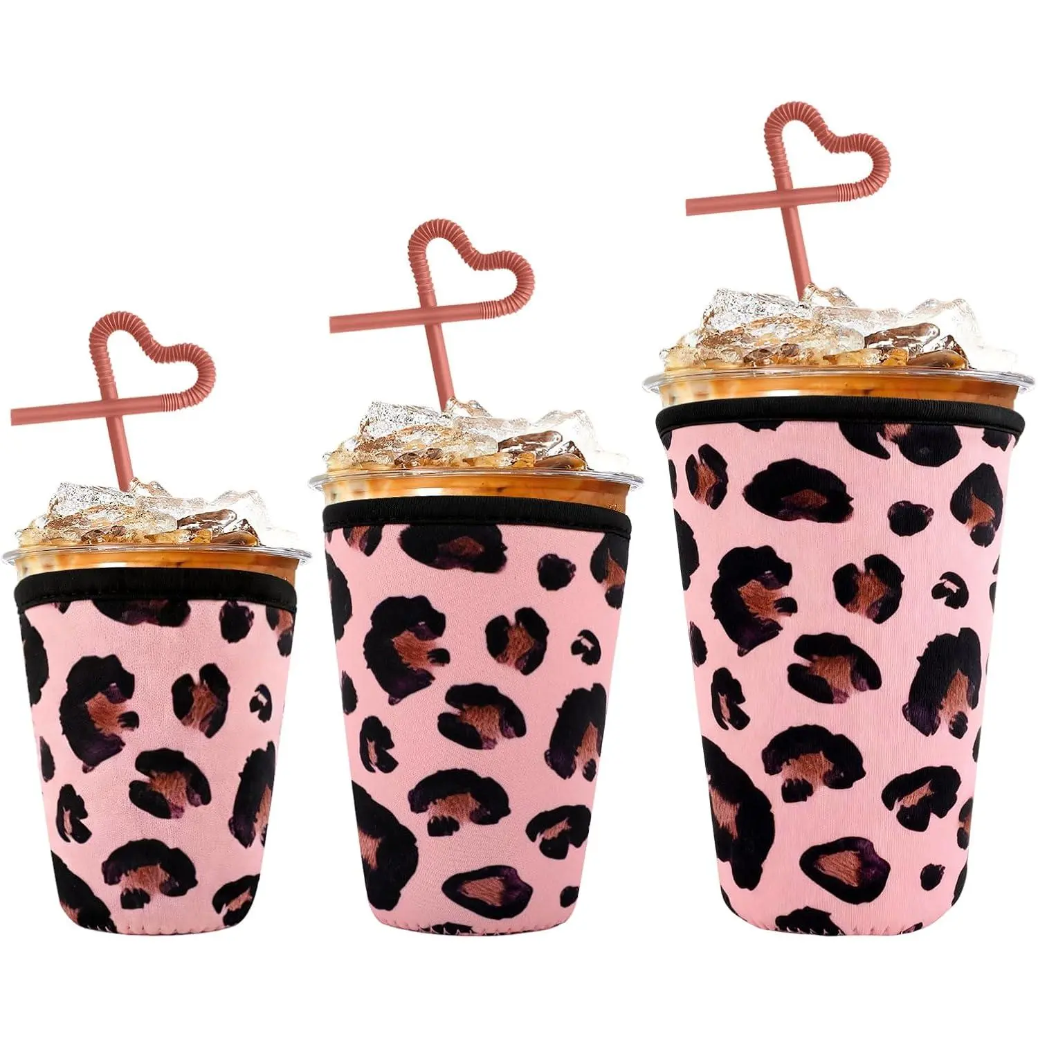 Insulated Iced Coffee Cup Sleeve for 16oz 24oz 32oz Cups, Neoprene Drink Sleeve Holder for Cold Drinks, Coffee, Boba , Smoothies, Travel Tumblers, 3 Pack Leopard Print Design