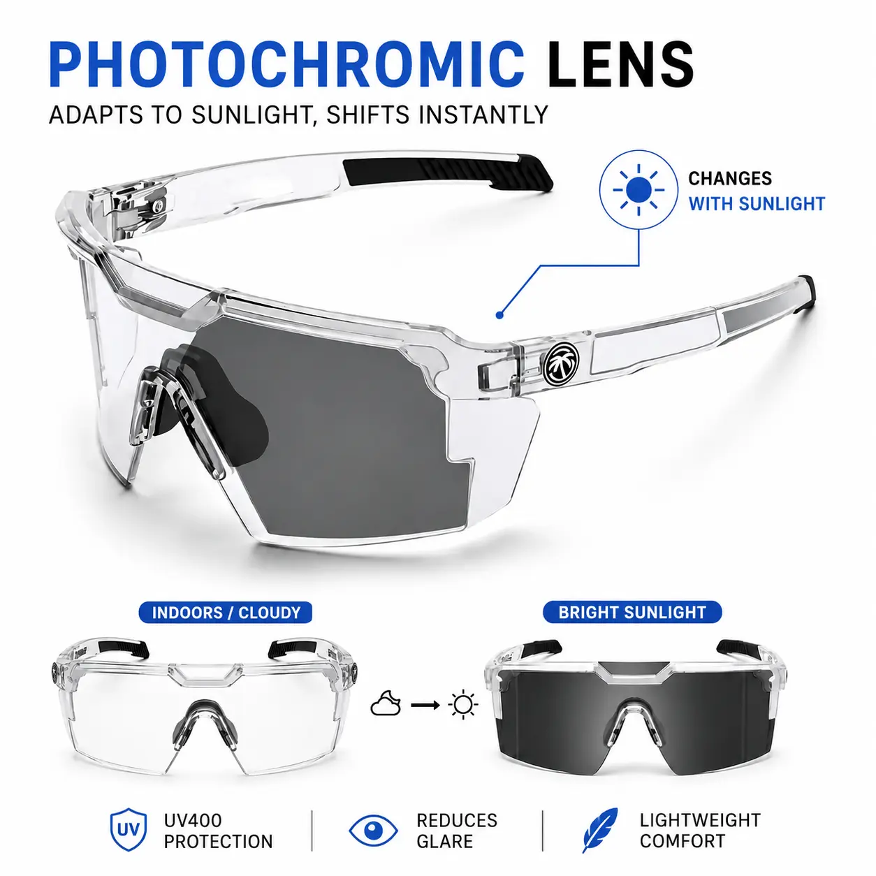 Photochromic Sports Sunglasses, UV400 Lightweight Cycling Glasses with Non-Slip Nose Pads for Running, Driving and Outdoor Activities ansi z87
