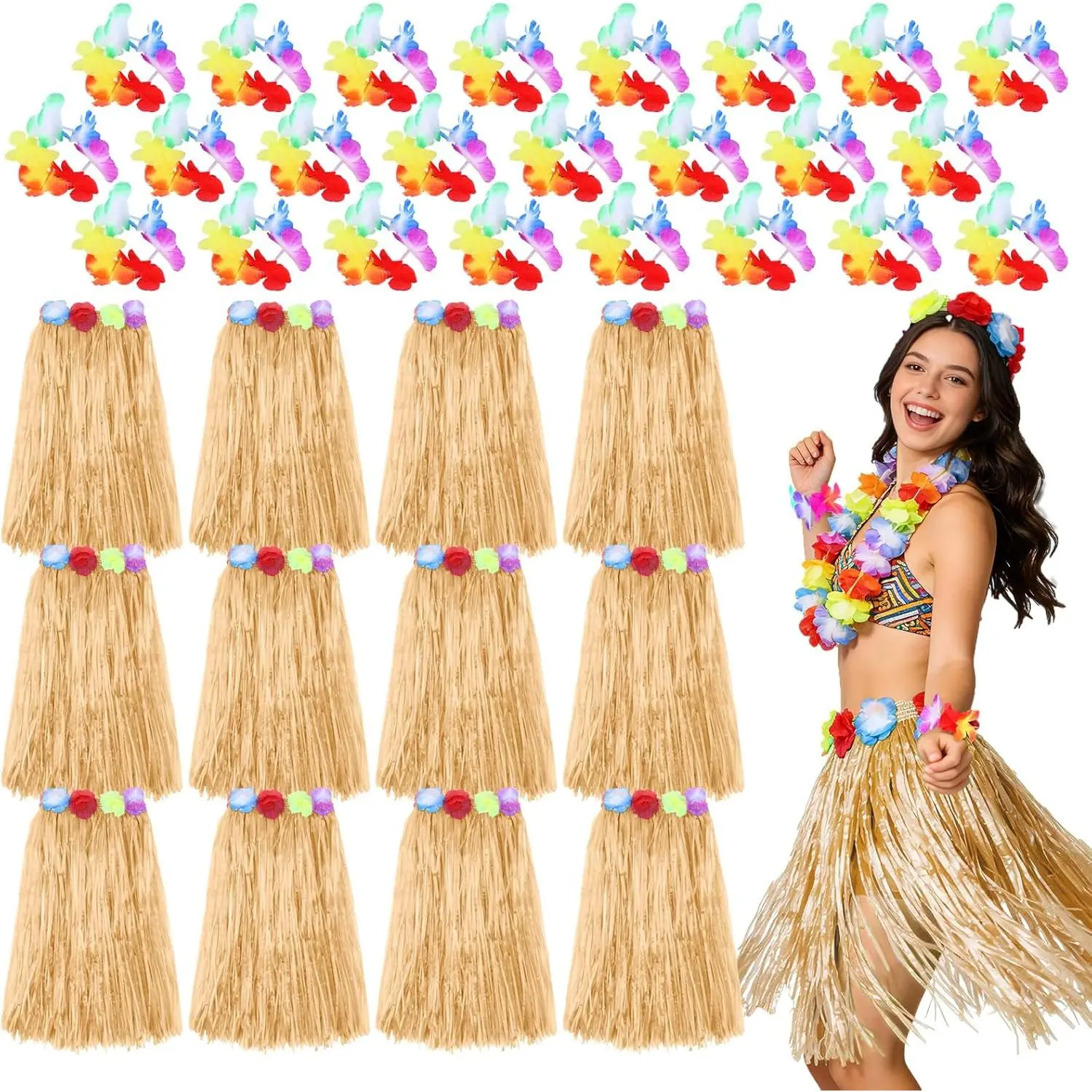 12PCS Hawaiian Raffia Skirts & 24PCS Wristbands - Luau Hula Skirt with Hibiscus Flowers for Women Adult Tropical Beach Holiday Birthday Costume Party Favors Supplies