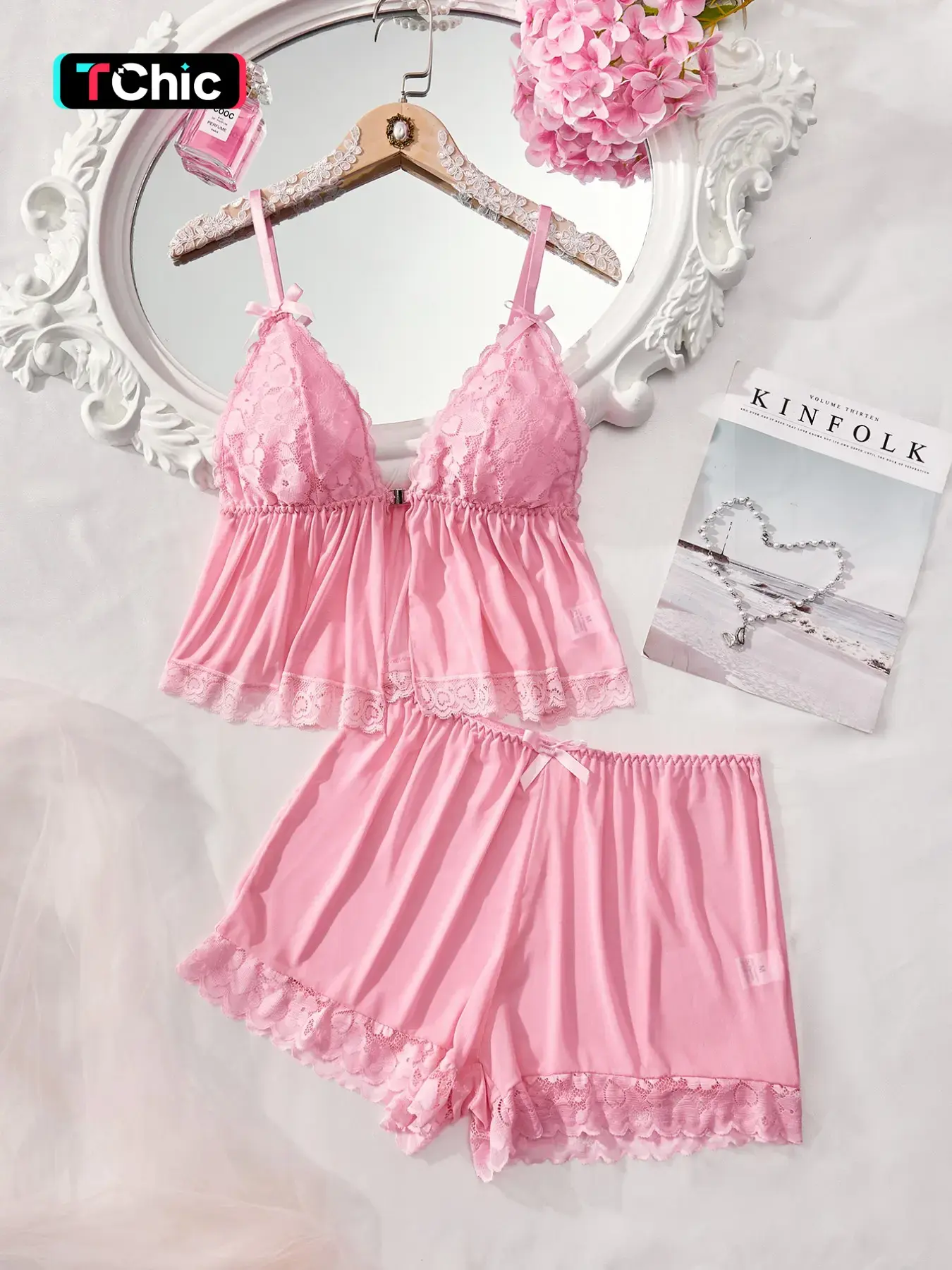 Women's Lace Trim Tank Top Pajama Set, Lightweight Breathable Sleepwear, Sexy Fitted Ditsy Floral Pattern, All Seasons Comfort