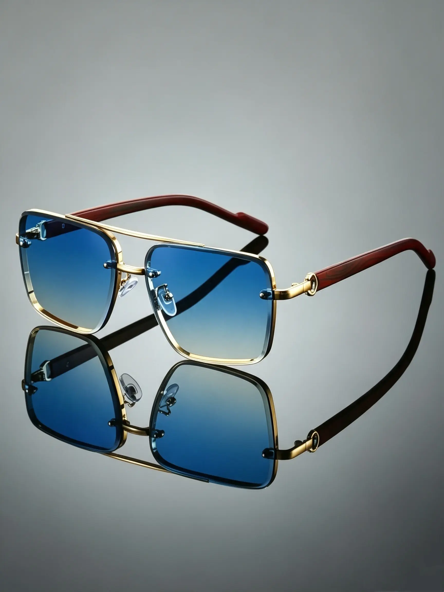 Men's New Full Frame Square Glasses, Vintage Double Bridge Design, Wood Grain Lens, Metal Frame, Classic Fashion Decorative Eyewear