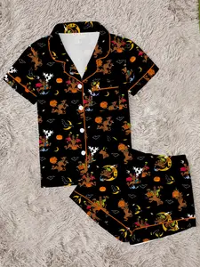 【Halloween】Women's Halloween Pajama Set, Cute Cartoon Pumpkin Bat Ghost Animal Print, 2-Piece Short Sleeve Sleepwear, Fitted, All Seasons