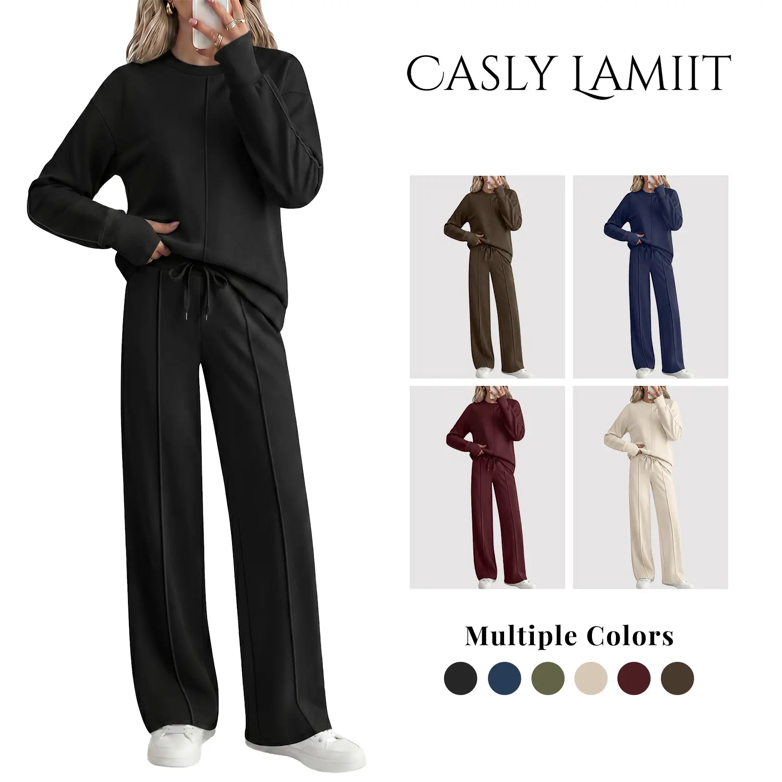 Women's 2-Piece Lounge Set, Classic Sporty Chic Long Sleeve Top and Wide-Leg Pants Sweatsuit with Pockets, Travel Loungewear Basics