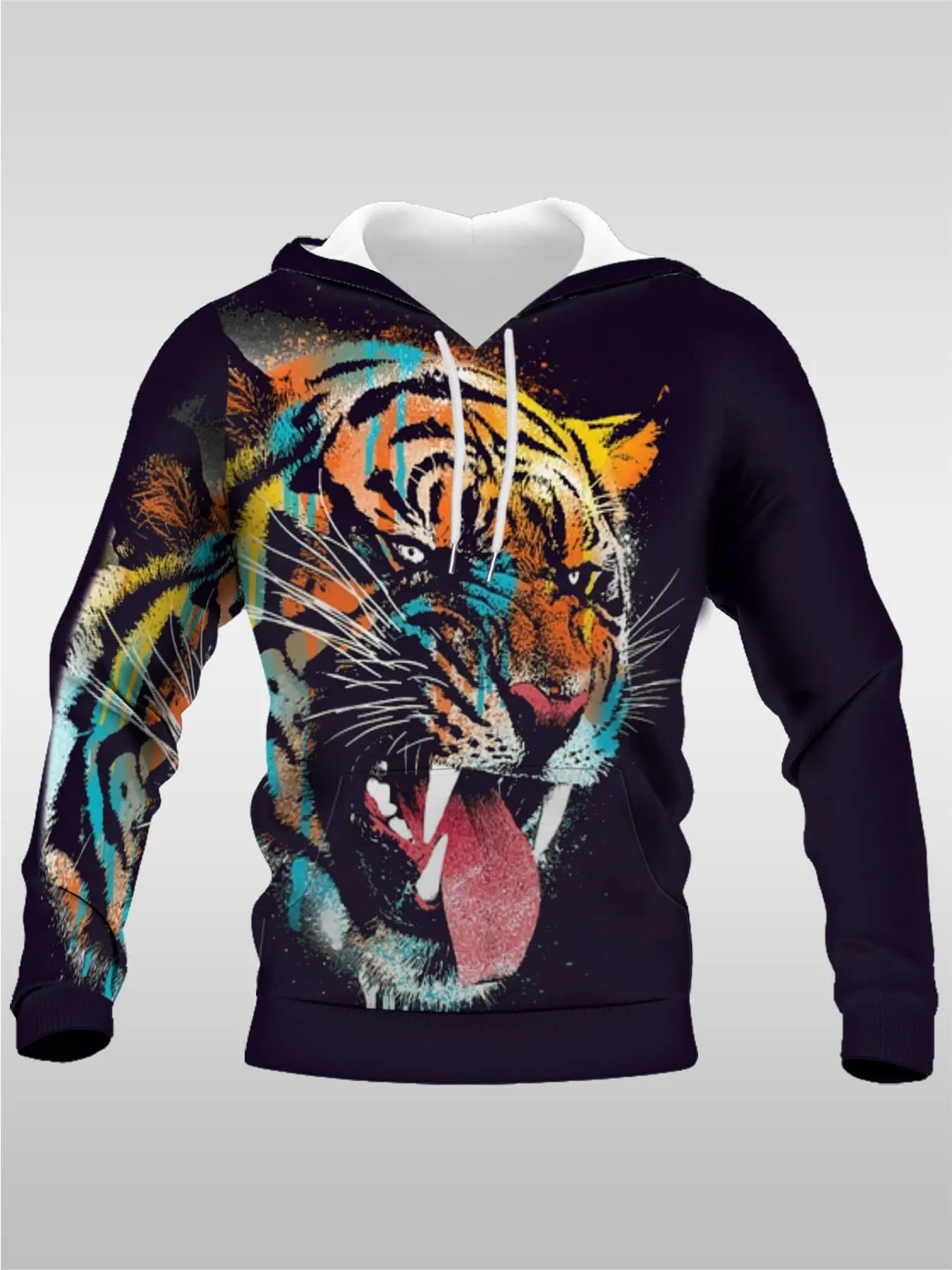 Bold Tiger Print Hooded Sweatshirt, Realistic Tiger Head with Light Spots, Punk Style, Long Sleeve, Loose Fit, Spring & Fall Casual Wear