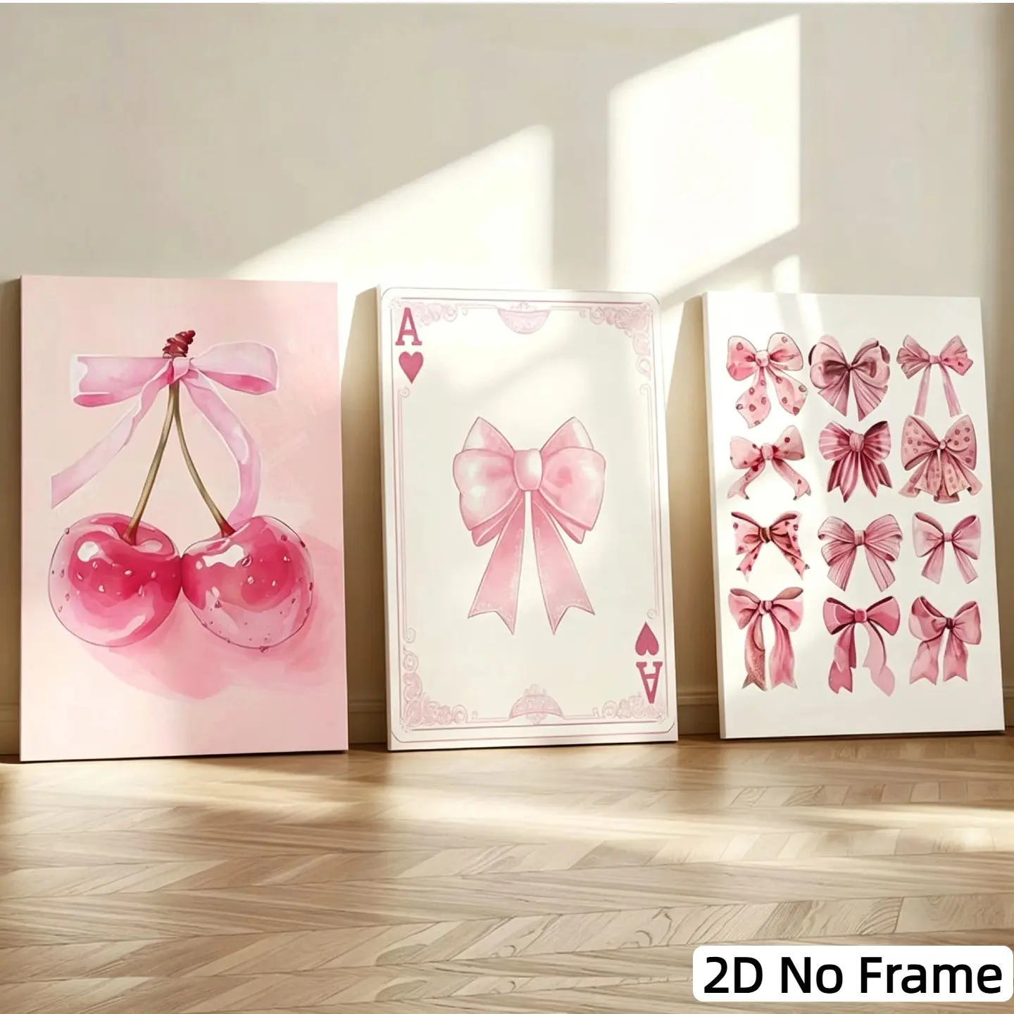 3pcs Cherry Bow Canvas Prints, Cute Modern Wall Art for Girls' Bedroom & Dining Room, Unframed Indoor Decor, Floral Theme, Gallery Wall Decor