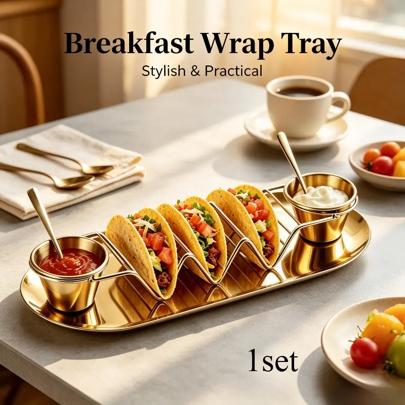 Luxury Golden Stainless Steel 6PCS Taco Holder Set Includes Plates Sauce Cups Spoons Elegant Mexican Food Serving Kit