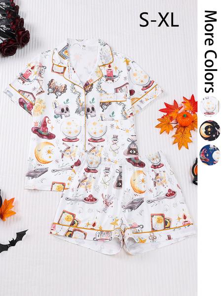 2 pieces of women's Halloween witch hat skull crystal ball butterfly print short sleeved shorts comfortable lapel pajama set knitted top pocket elastic waistband suitable for all seasons casual classic home wear