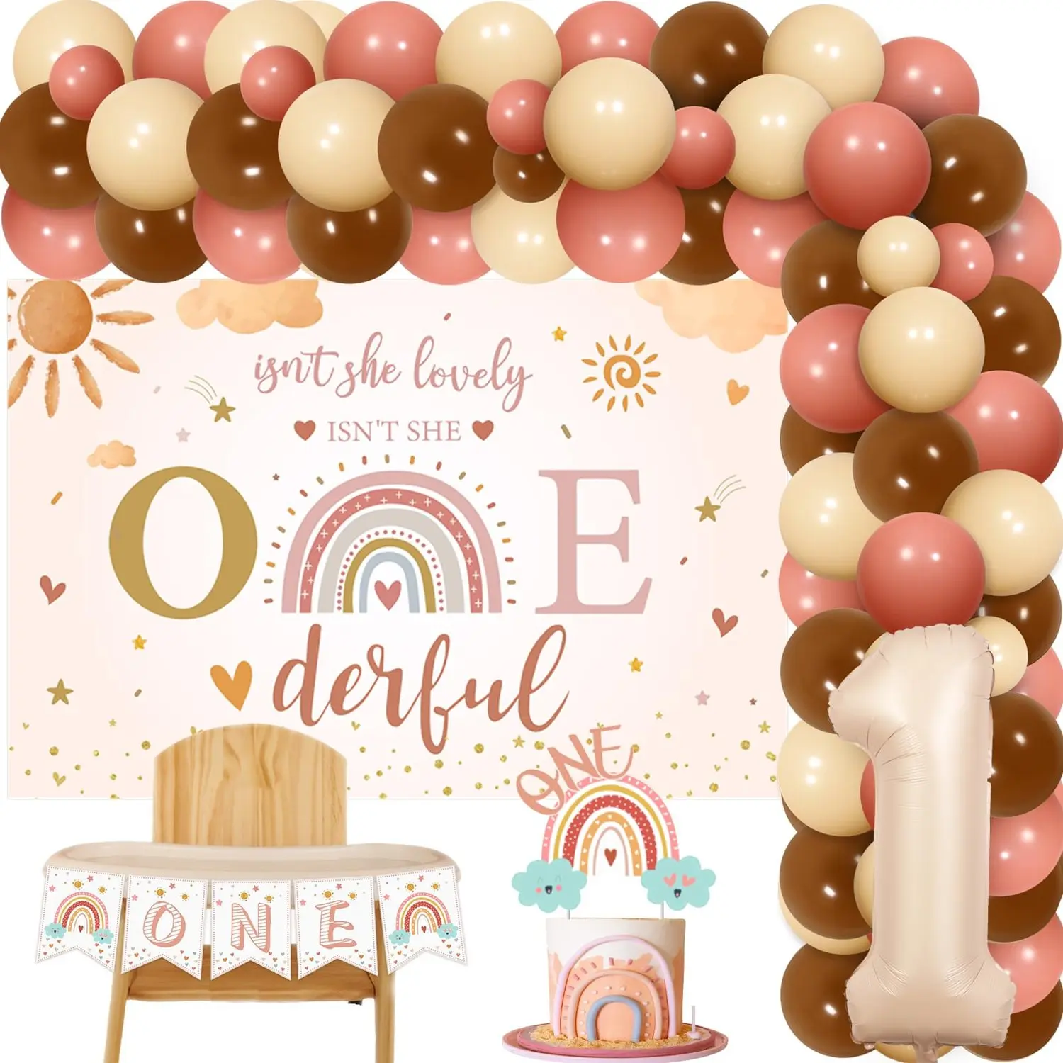 1Set Isnt She Lovely Isnt She Onederful Decorations Boho First Birthday Decorations for Girl Balloon Garland Kit with Backdrop Number 1 Foil Balloon One Rainbow Cake Topper One High Chair Banner