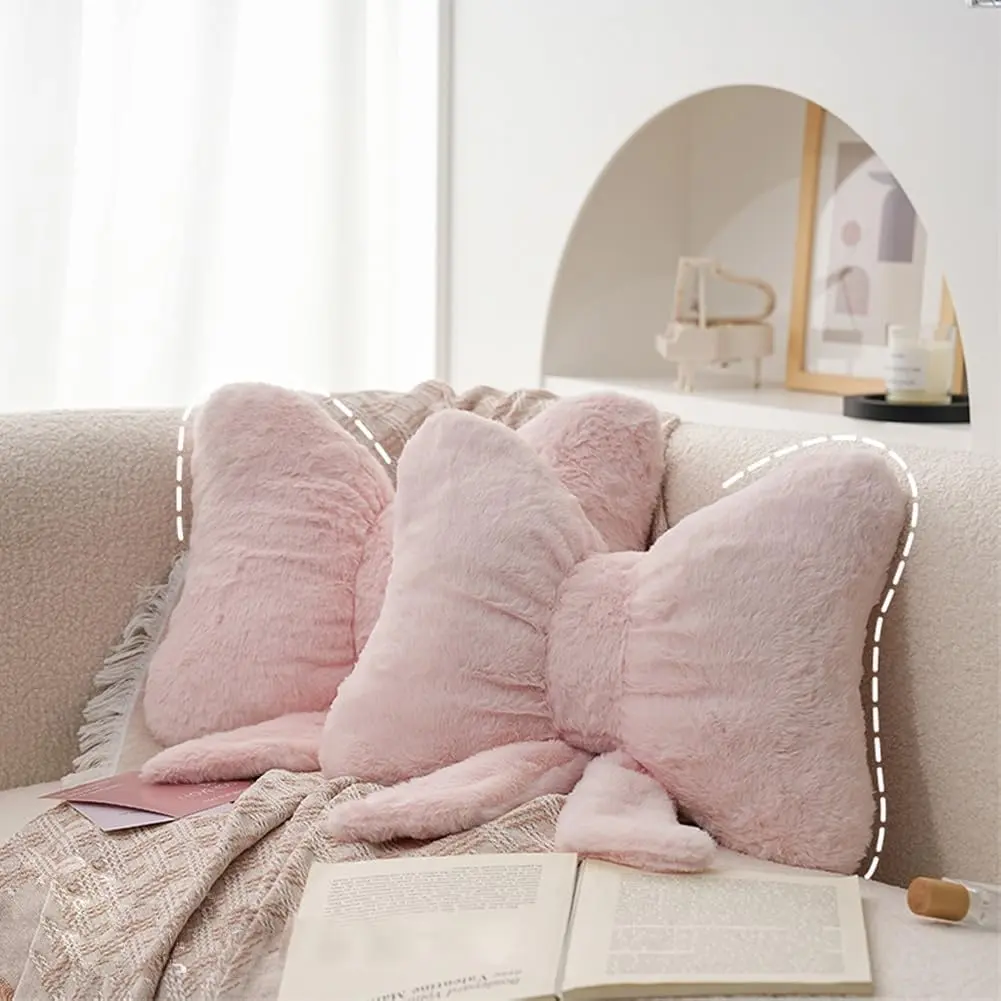 2Pack Soft Furry Bow Throw Pillows Cute Bowknot Plush Pillow Home Decor Bow Lumbar Pillow for Bed Couch Living Room Decor (Pink)