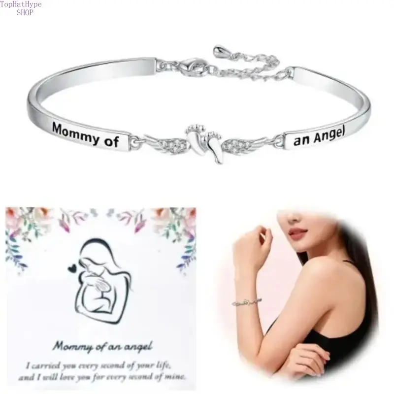 Baroque Angel Wing Bracelet for Women, Engraved Mommy Of An Angel Memorial Jewelry, Anniversary Gift for Mother, Cuff Bracelet, Pvc Material, Engraved Text, Text Engrave