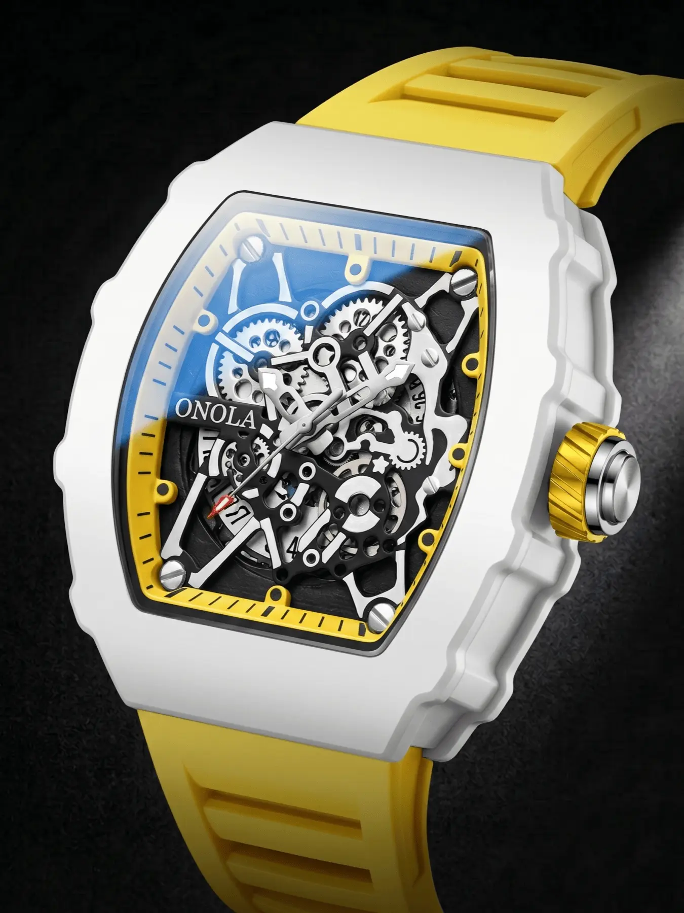 ONOLA Tonneau Skeleton Wristwatch Quartz Watch Men Wrist Watch Luxury Business  Quartz Watch Luminous Hollow Dial Silicone Strap 30M Waterproof Mineral Glass Metal Case Large Dial Male Daily Hip Hop Watch Commute Gift Watch For Gentleman