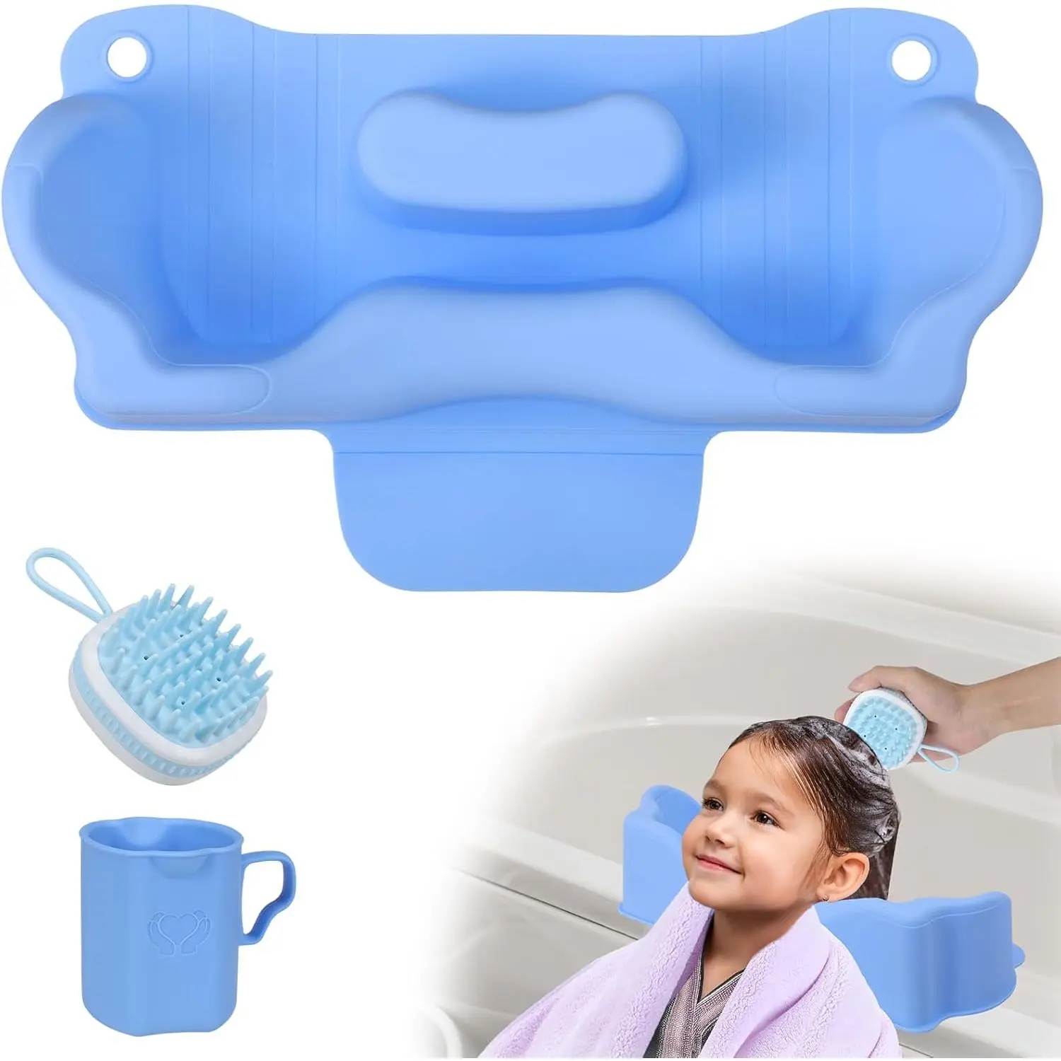 Jhua Hair Station for Kids Sink Hair, Tear-Free Shampoo Bowl Wash with Rinser Cup, Scalp Massager, Neck for Children Kids Teens Seniors.