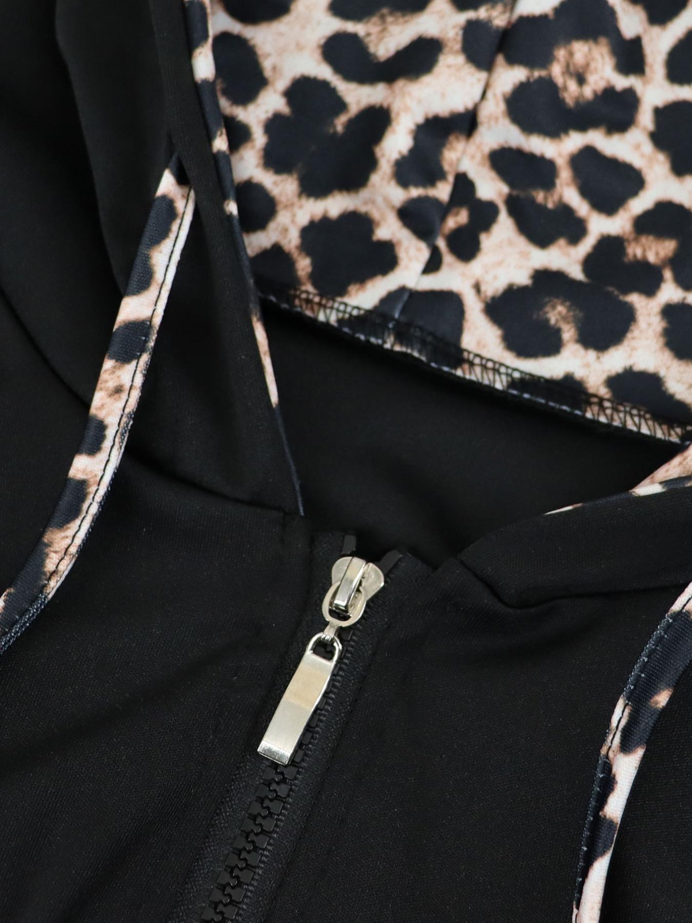 Women's Leopard Print Patchwork Hoodie Set, Long Sleeve Sweatshirt & Pants, Casual Style Fall Winter, Fitted Natural Waist Design