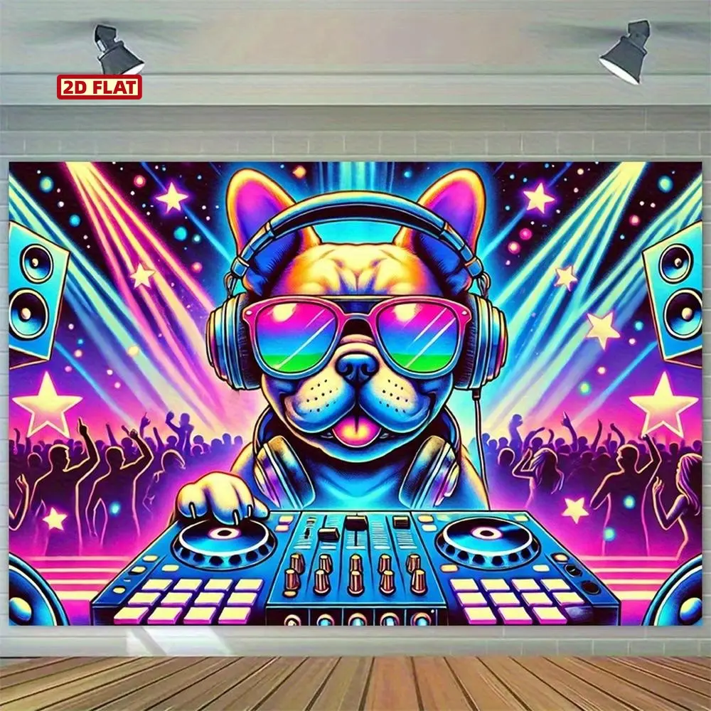 2D Flat DJ Cat Polyester Photography Backdrop Banner - Vibrant Party Scene with Headphones, Glasses, and DJ Controller - Ideal for Indoor/Outdoor Decor, Photo Studio Props, and Holiday Celebrations