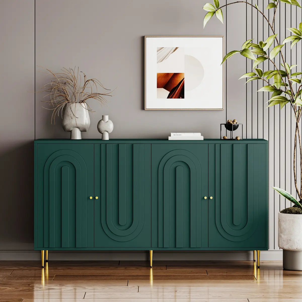 Modern Storage Cabinet Sideboard Green Lacquered 4 Door Wooden Cabinet Sideboard Buffet Server Cabinet Storage Cabinet, for Living Room, Entryway, Hallway, Office, Kitchen and Dining Room