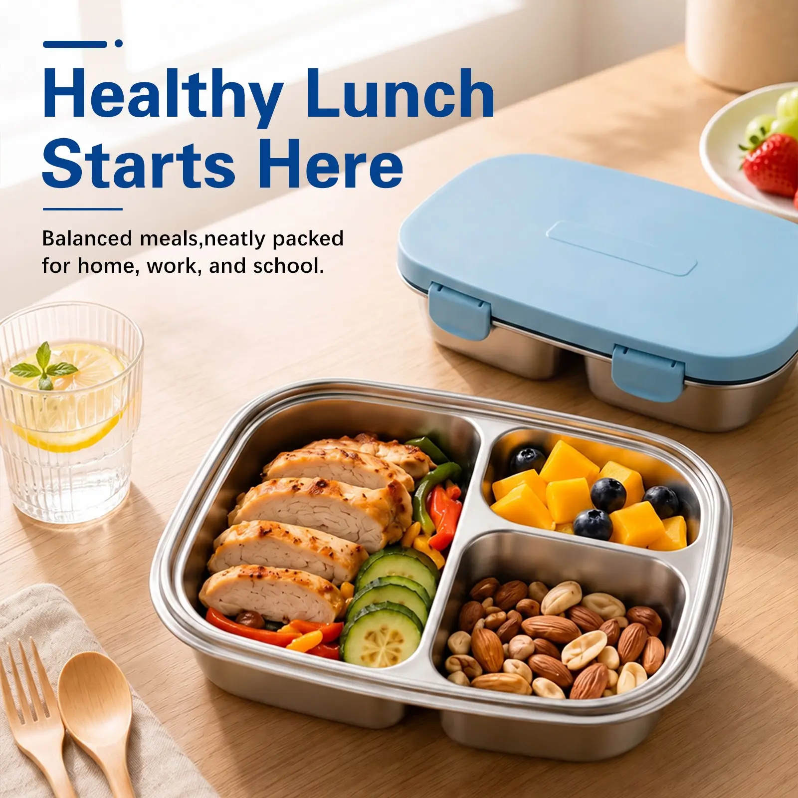 3 Compartment Food Grade Stainless Steel Bento Box, Leak-Proof Stackable Portable Lunchbox, Safe for Refrigerator and Dishwasher