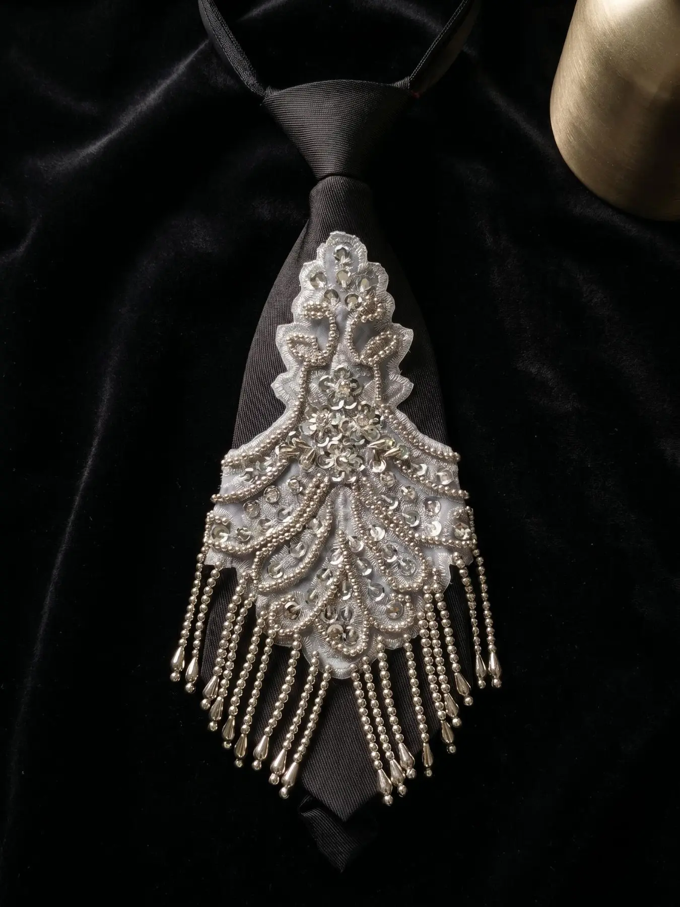 Vintage Rhinestone Fish Tail Tie, Matte Fabric with 3D Lace, Crystal & Metal Beads, Long Tassel, Unisex, Perfect for Events