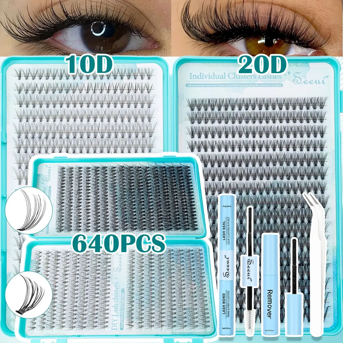 Large Capacity Lash Clusters Kit,  10D/20D Super Light Natural Eyelashes, 10-16mm Mixed Length, Wispy Fluffy False Lashes, Individual Lashes Soft Cluster Lashes, Faux Mink, Includes Bond&Seal, Remove and Tweezers, Eyelash Extensions
