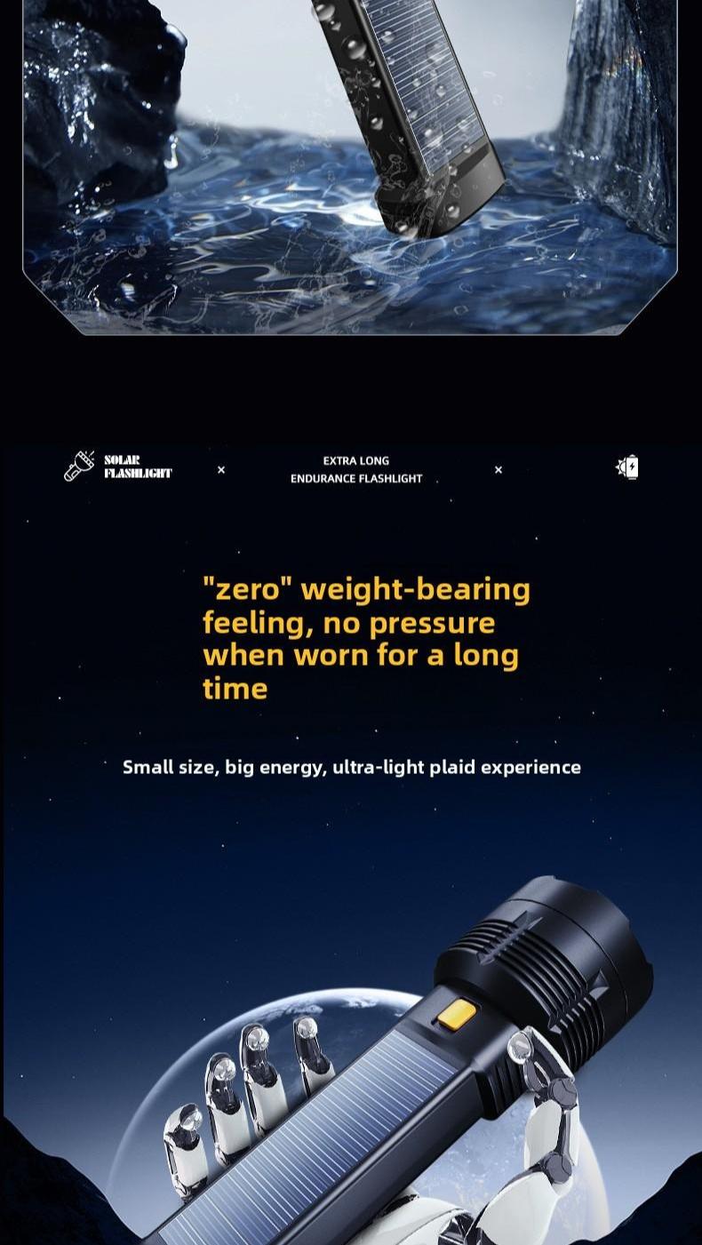 Solar Powered Flashlight, High Brightness Long Range Rechargeable Portable Torch, Concentrated Light for Camping Hiking Emergency