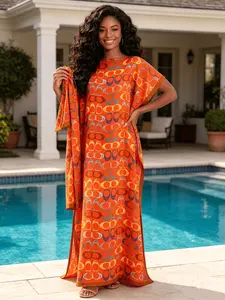 Classic Black Base Multicolored Star Logo Print Silky Satin 2PCS Kaftan Set With Coordinating Scarf, Oversized Plus Size Loungewear, Tropical Beach Cover Up, Casual Resort Formal Chic Long Dress
