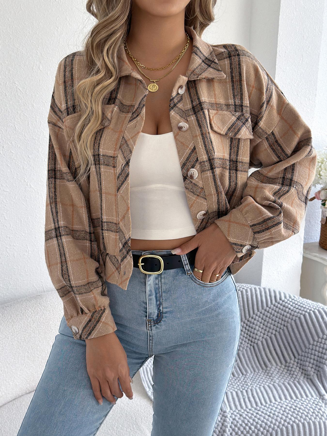 Women's Chic Plaid Print Button Front Drop Shoulder Jacket, Casual Long Sleeve Collared Outerwear for Fall & Winter, Ladies Clothes for Daily Wear