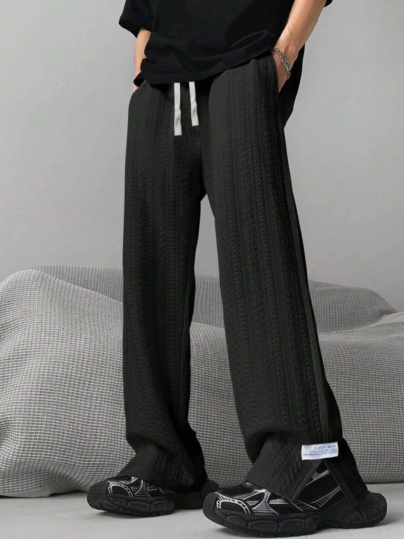 Men's Jacquard Knit Straight Leg Pants, Split Design, Ideal for Daily Casual Activities, Comfortable and Stylish Long Trousers